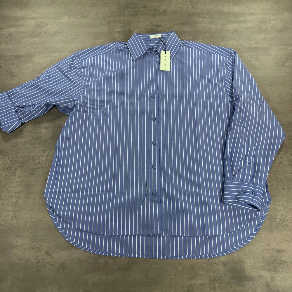 Aritzia Babaton Archive Shirt 2XS Blue White Stripe Button Down Linen Feel
